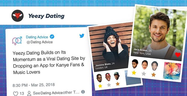 Yeezy.Dating baut auf seiner Dynamik als virale Dating-Site auf, indem es eine App für Kanye-Fans und Musikliebhaber veröffentlicht